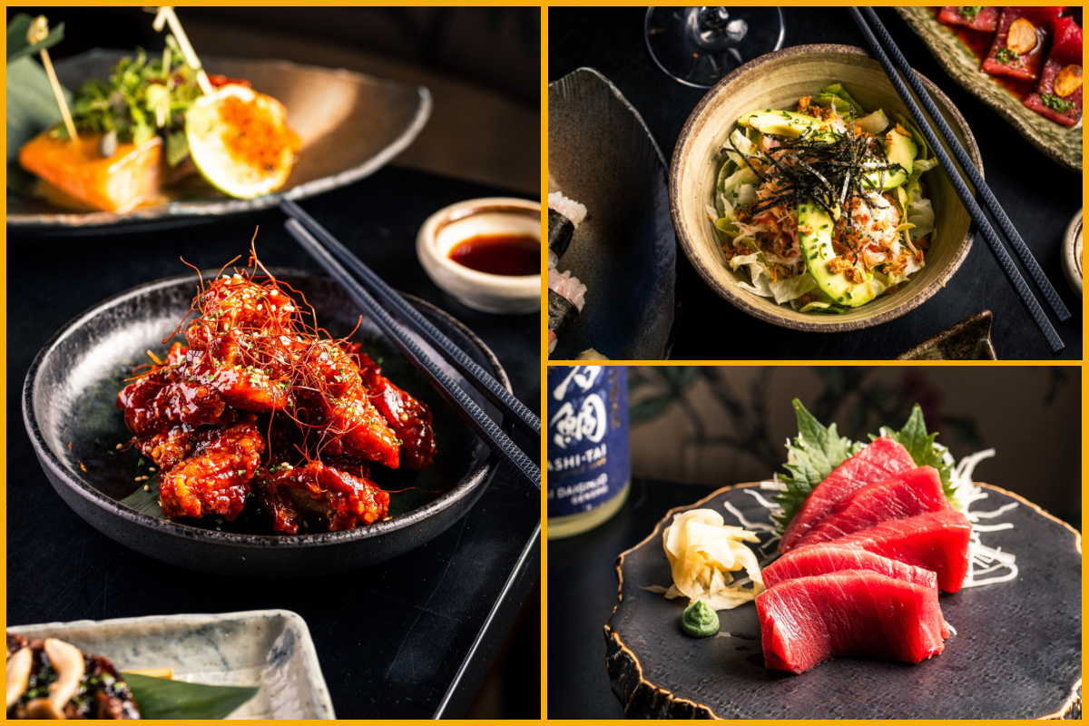 Collage of Spicy chicken zangi, Kani (crab) salad, Bluefin tuna chutoro sashimi